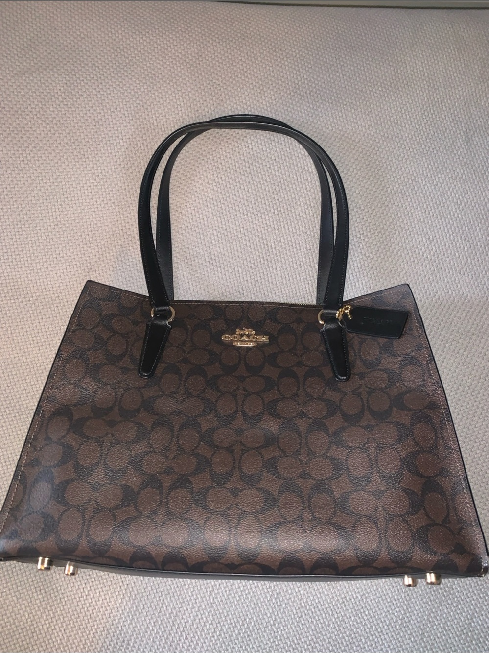 Coach Brown Signature Canvas Tote with Black Straps and Gold Hardware